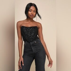 NWT Lulu’s Sparkling Temptation Black Sequin Strapless Bustier Crop Top